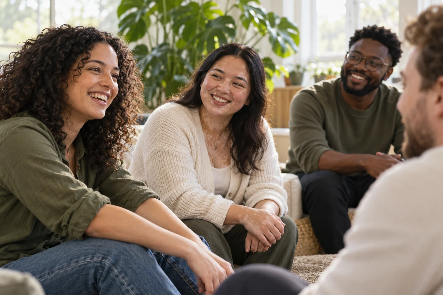 A friendly peer support gathering in a bright community space
